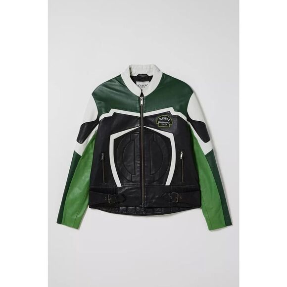 ICEBERG Leather Biker Jacket Size EU 44 Full Zip Men’s Jacket Green Black - Picture 2 of 16